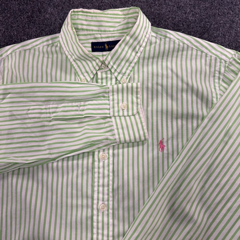Ralph Lauren Mens Large Green White Stripe Button Down Shirt Pink Pony Cotton